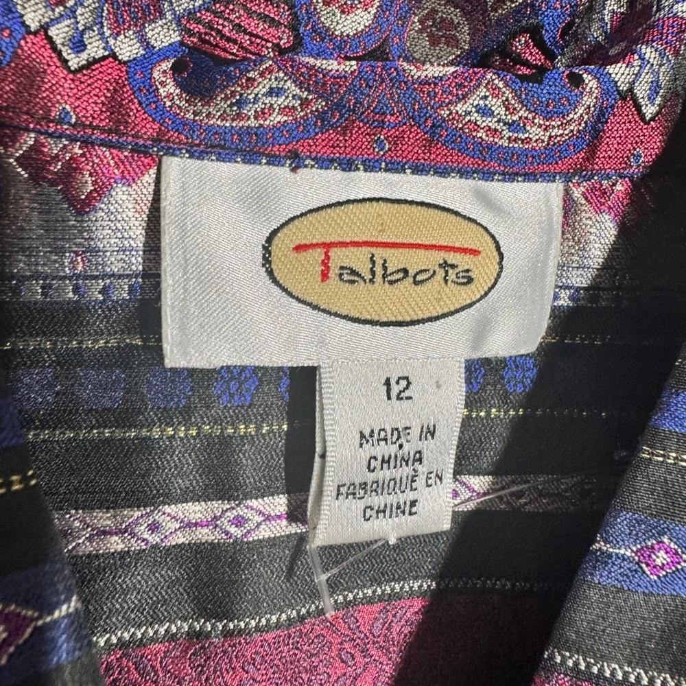 Talbots Silk Metallic Paisley Stripe Mandarin Collar Jacket Blue Purple Women 12